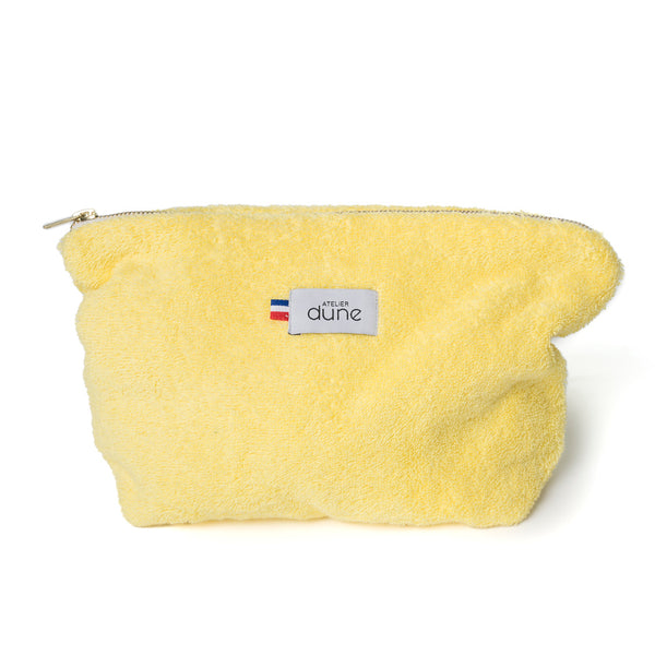 Trousse en éponge madeinfrance coloris jaune poussin, douce et moelleuse, avec doublure upcyclée rayée - Atelier Dune