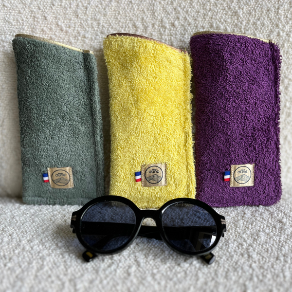 3 étuis lunettes label OekoTex madeinfrance avec doublures upcyclées et biais glitter doré - Atelier Dune