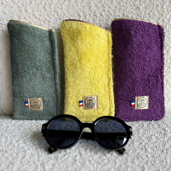 Trio d'étuis lunettes madeinfrance, gros plan de face, kaki sauge, jaune poussin et ultra violet - Atelier Dune