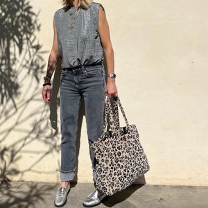 Cabas ideal M en coton biologique velours motif leopard - Atelier Dune