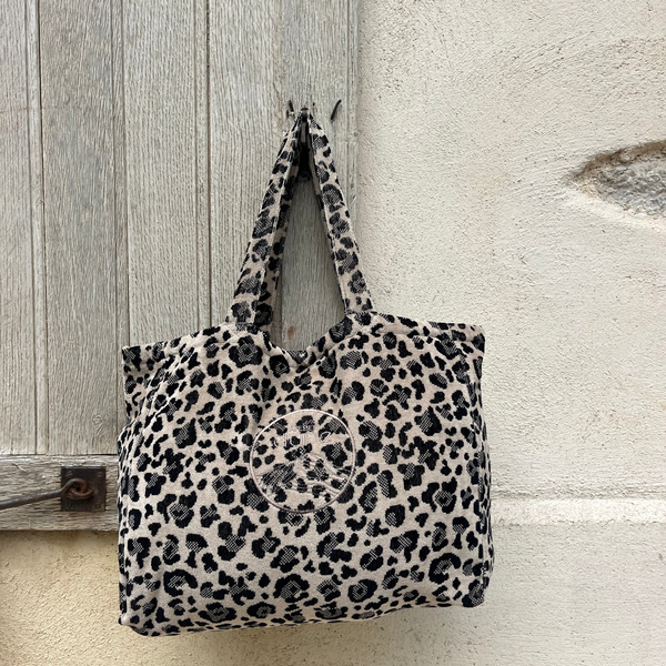 Cabas ideal M en coton biologique velours motif leopard - Atelier Dune