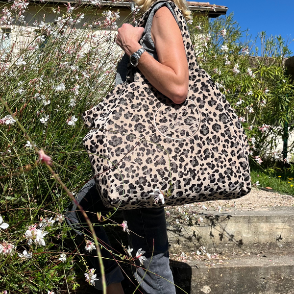 Cabas ideal XL en coton biologique velours motif leopard - Atelier Dune