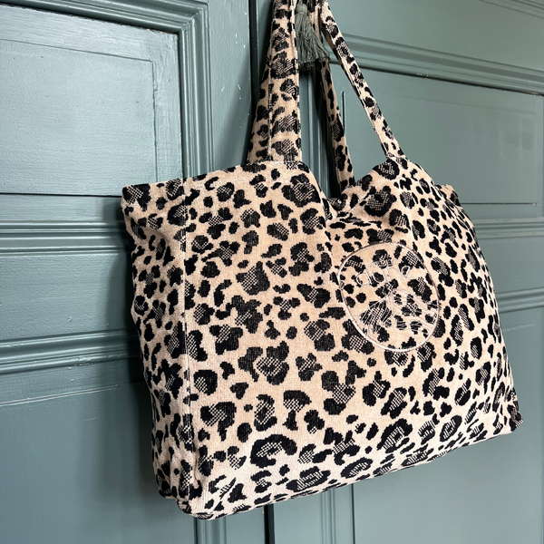 Cabas ideal XL en coton biologique velours motif leopard - Atelier Dune