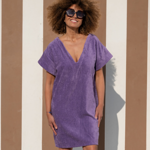 Robe vintage courte en coton biologique coloris lavande - col V - Atelier Dune