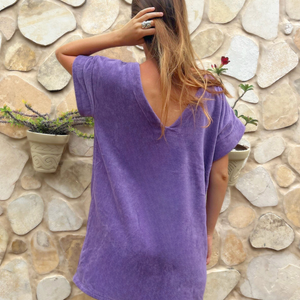 Robe vintage courte en coton biologique coloris lavande - col V - Atelier Dune