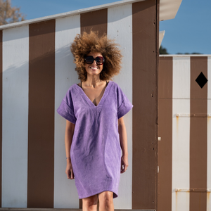 Robe vintage courte en coton biologique coloris lavande - col V - Atelier Dune