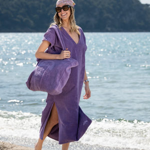 Robe vintage longue en coton biologique coloris lavande - col V - Atelier Dune