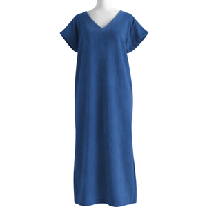 Robe vintage longue en coton biologique coloris outremer - col V - Atelier Dune