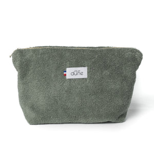 Trousse en eponge made in France coloris sauge kaki - doublure mauve lurex - Atelier Dune