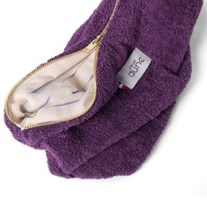 Trousse en eponge made in France coloris ultra violet ouverte - doublure upcyclee rayee - Atelier Dune